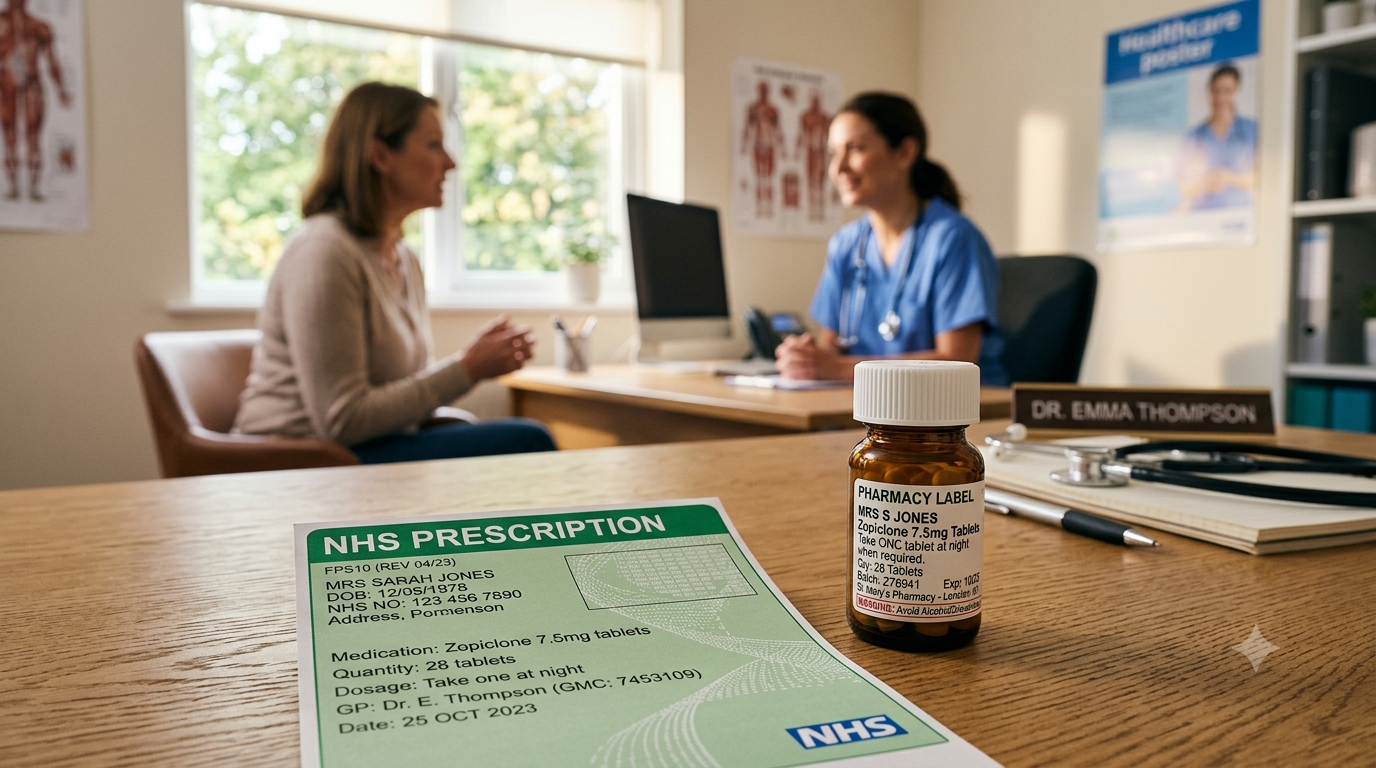 An-official-UK-NHS-prescription-form-alongside-a-bottle-of-prescribed-sleeping-tablets-on-a-doctor's-desk